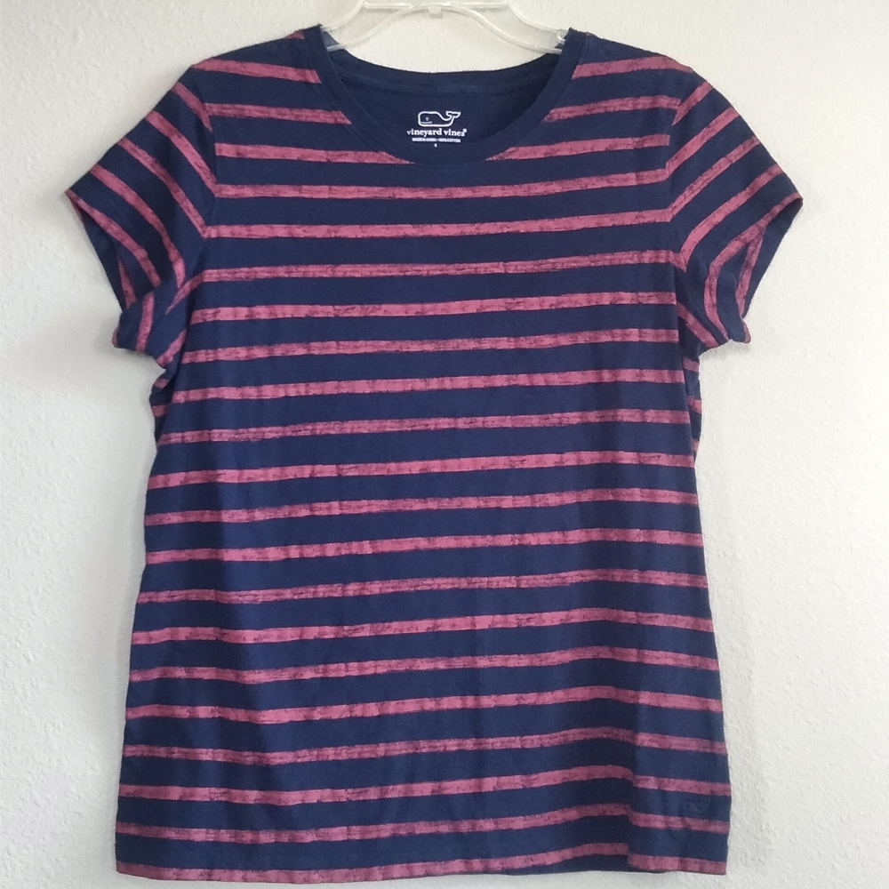 Vineyard Vines Size Large Red and Navy Striped Cotton Tee Shirt